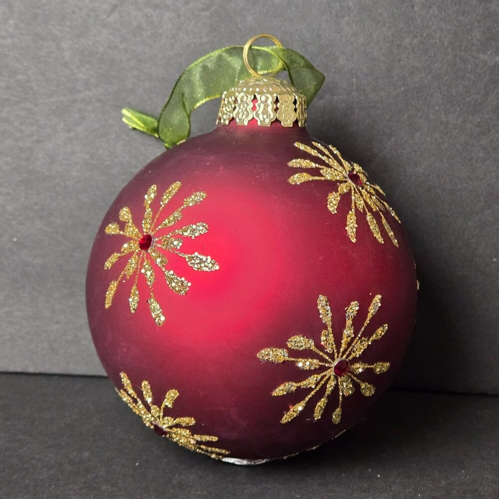 Frontgate Red Gold Glass Christmas Ornament 4" Glitter Starburst Jeweled Holiday